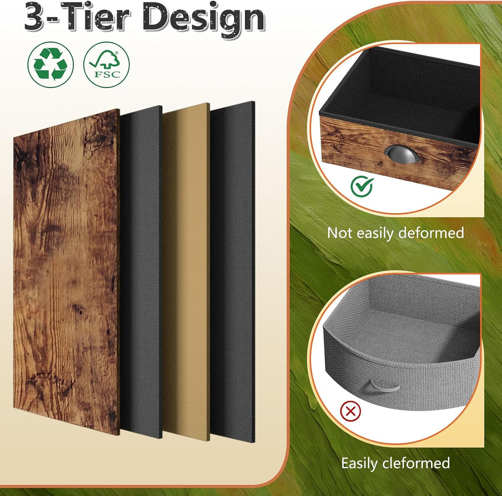 Night Stand Set 2, Nightstand with 3 Fabric Drawers and 2-Tier Shelf, Small D...