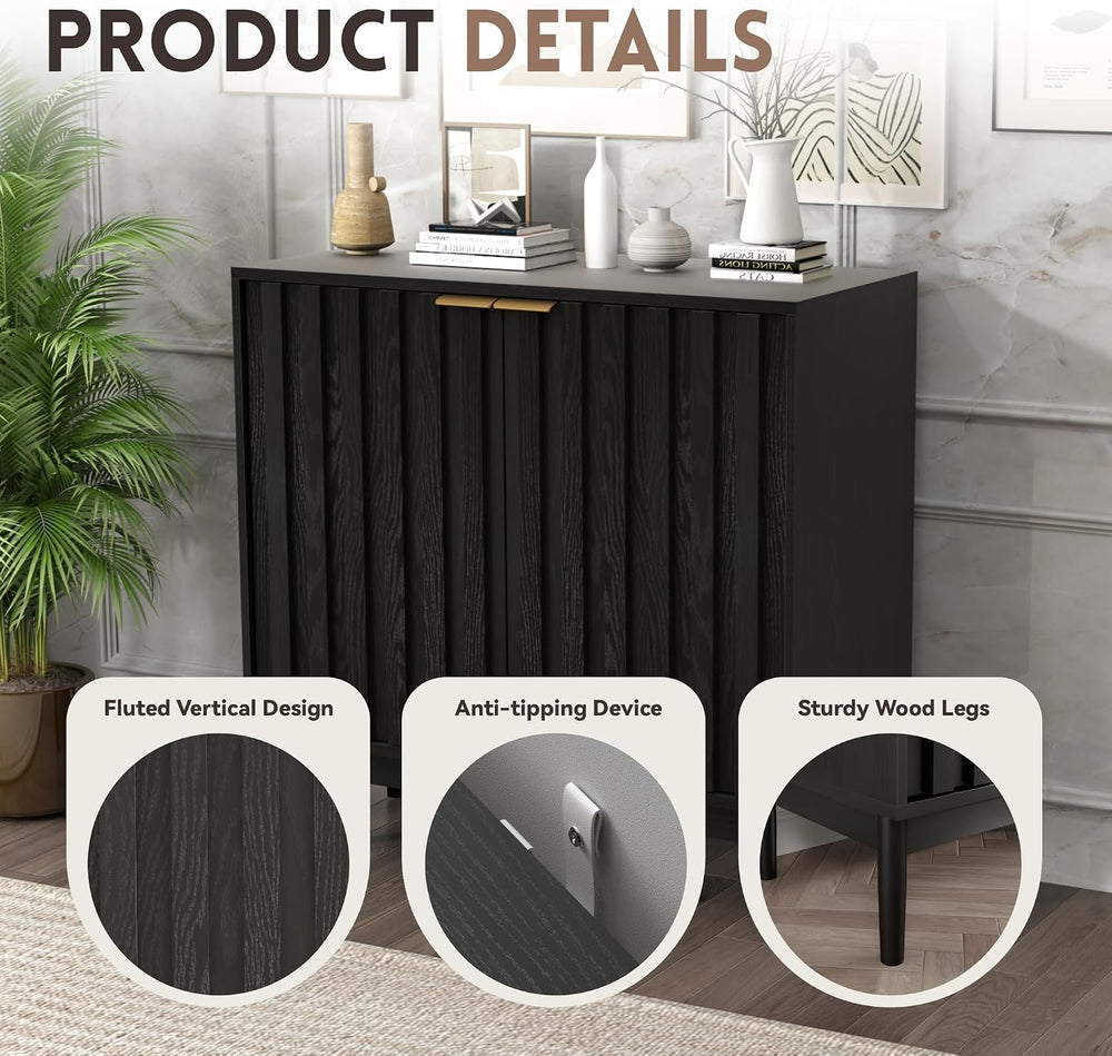 Fluted Buffet Cabinet with Storage, Small Accent Cabinets, Black