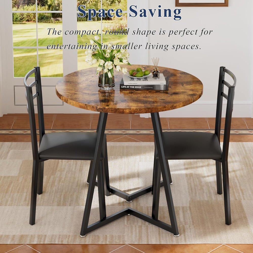 VECELO Small Round Kitchen Table with 2 Upholstered Chairs, 3-Piece Wood Dine...