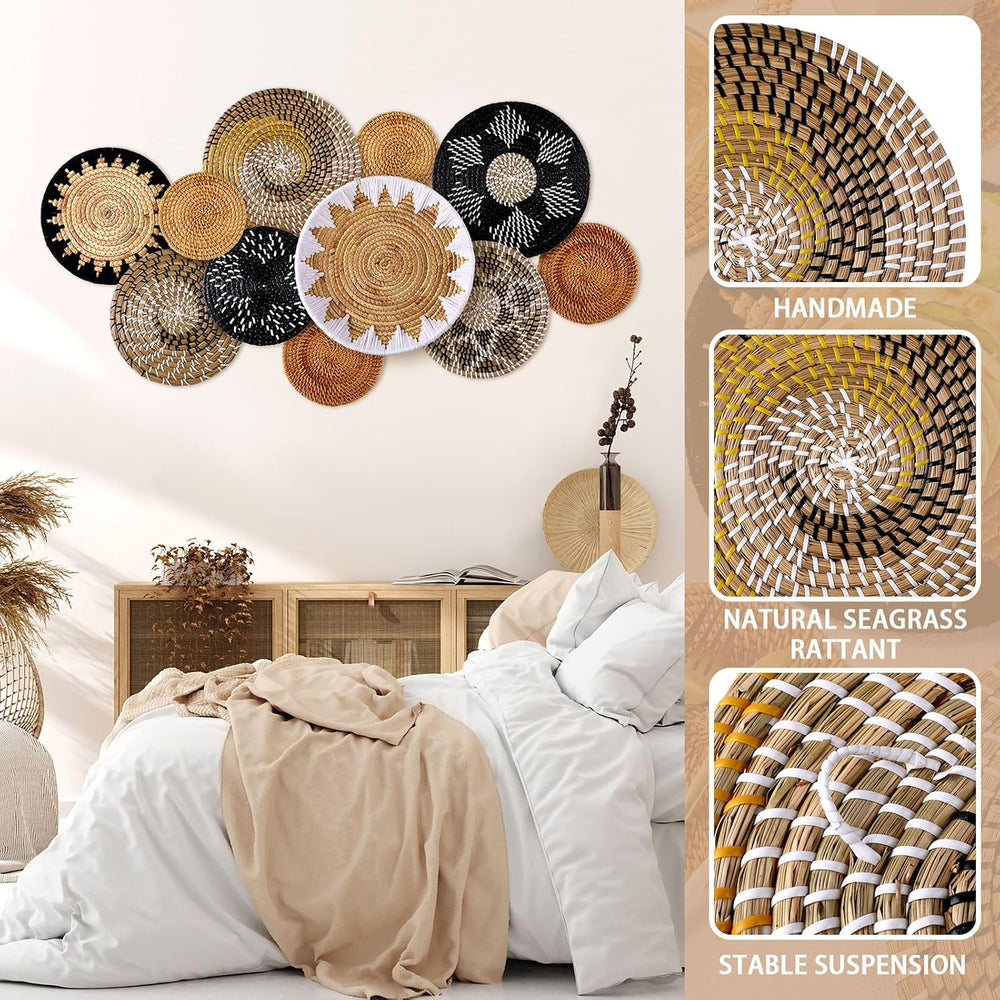 11 Pcs Boho Hanging Wall Basket Decor Handmade Woven Basket Wall Decorative B...