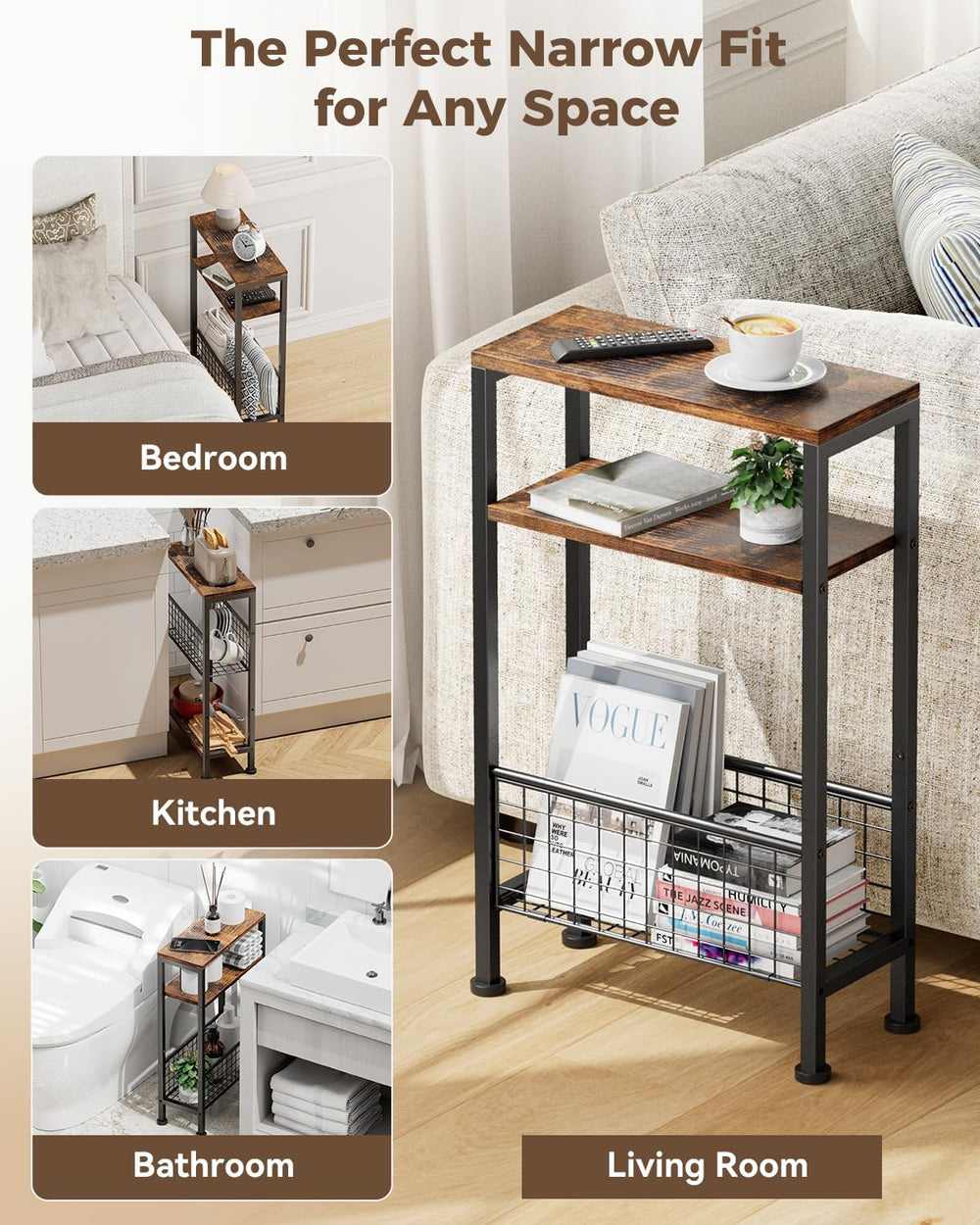 Karii Narrow Side Table, Skinny End Table for Small Spaces with Storage, 3-Ti...