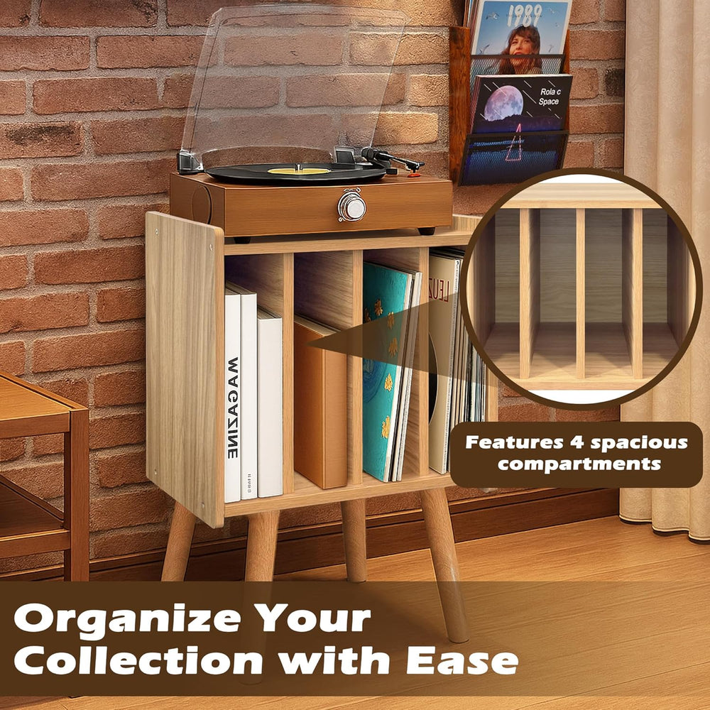 Record Player Stand, Vinyl Record Storage Table with 4 Cabinet, Mid Century M...