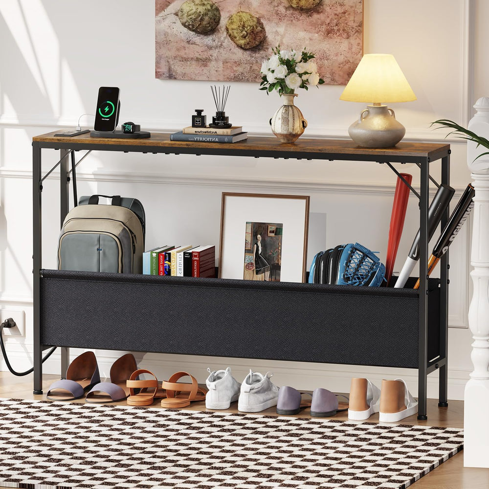 Narrow Console Table, 47.2" Long Entryway Table with Storage Power Outle...