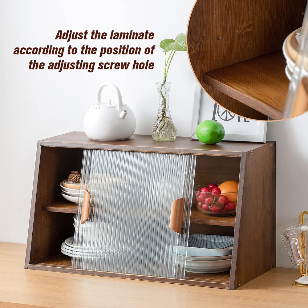HollyHOME Countertop Pantry Cabinet, Bamboo Sideboard with Glass Doors