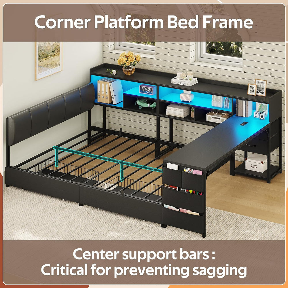 Dnxao Corner Bed Frame Full with Storage and Desk & 7 Bookcases, Black