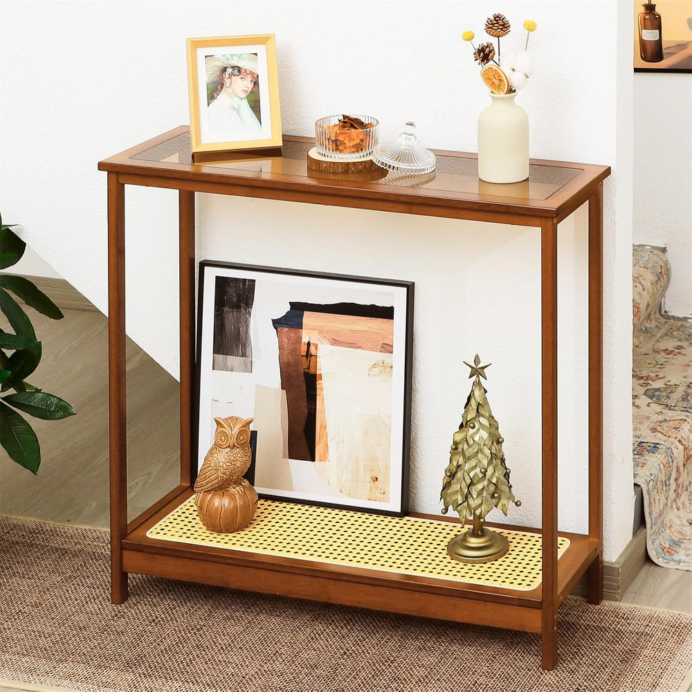 Bamboo Narrow Console Table, 31.5"(L) Wood Small Entryway Table with Rat...