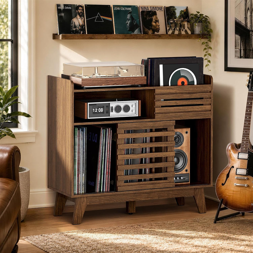 Large Record Player Stand with Charging Station, Mid Century Modern Record Pl...