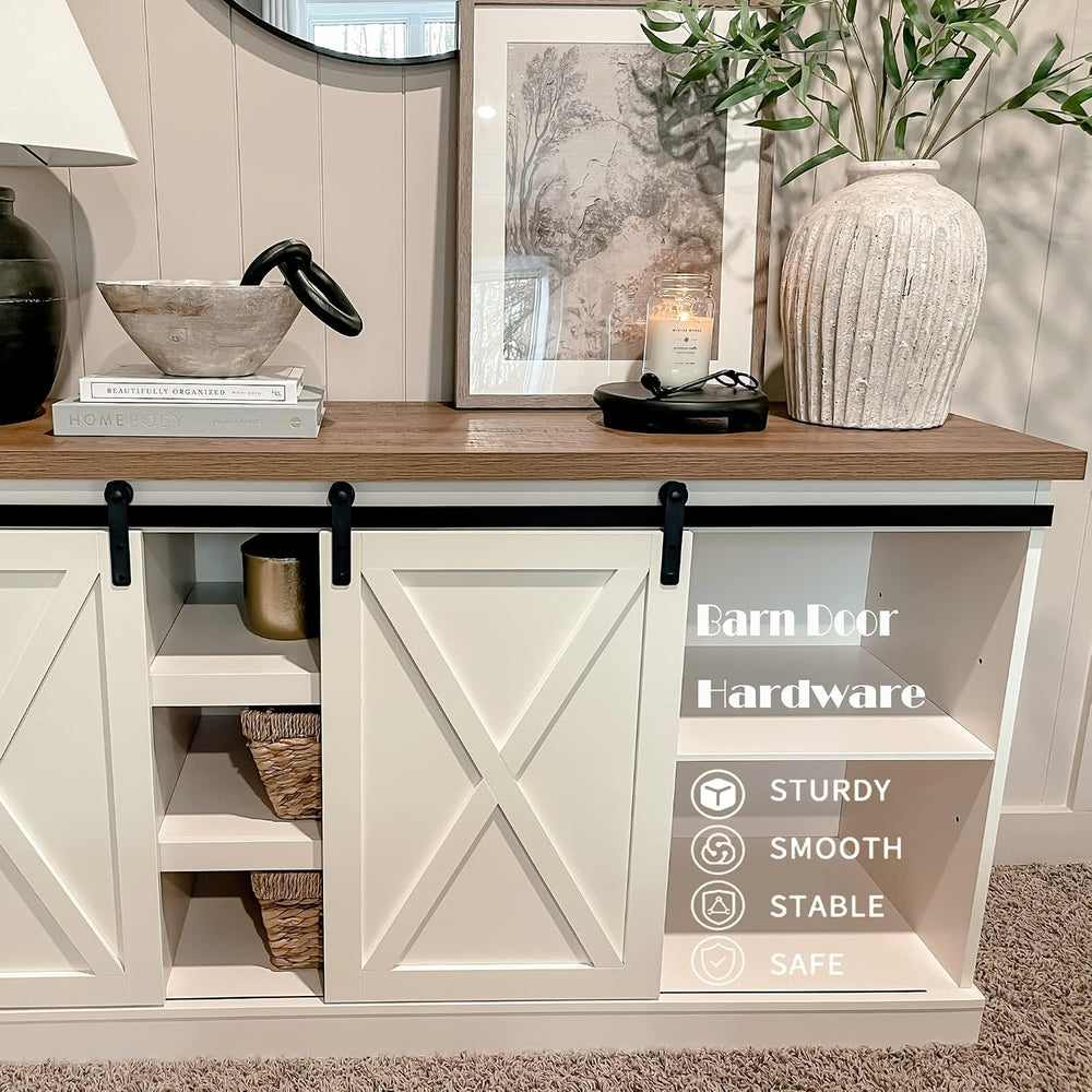 PHI VILLA Farmhouse Coffee Bar Cabinet, Barn Door Kitchen Storage Cabinet | W...