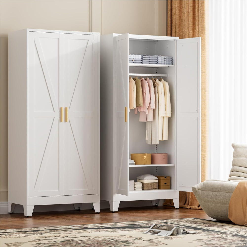 LCAOPC 71" Tall Metal Wardrobe Closet with Adjustable Shelves and Hangin...