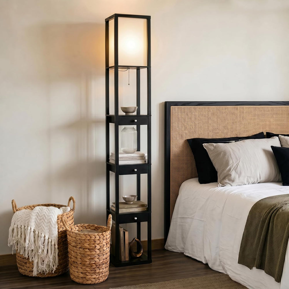 Brightech Maxwell Drawer Edition - Modern Shelf Floor Lamp with Drawer - Corn...