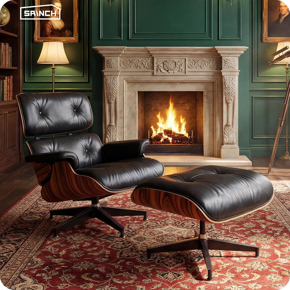 Mid Century Modern Top Grain Leather Chaise Lounge Chair & Ottoman