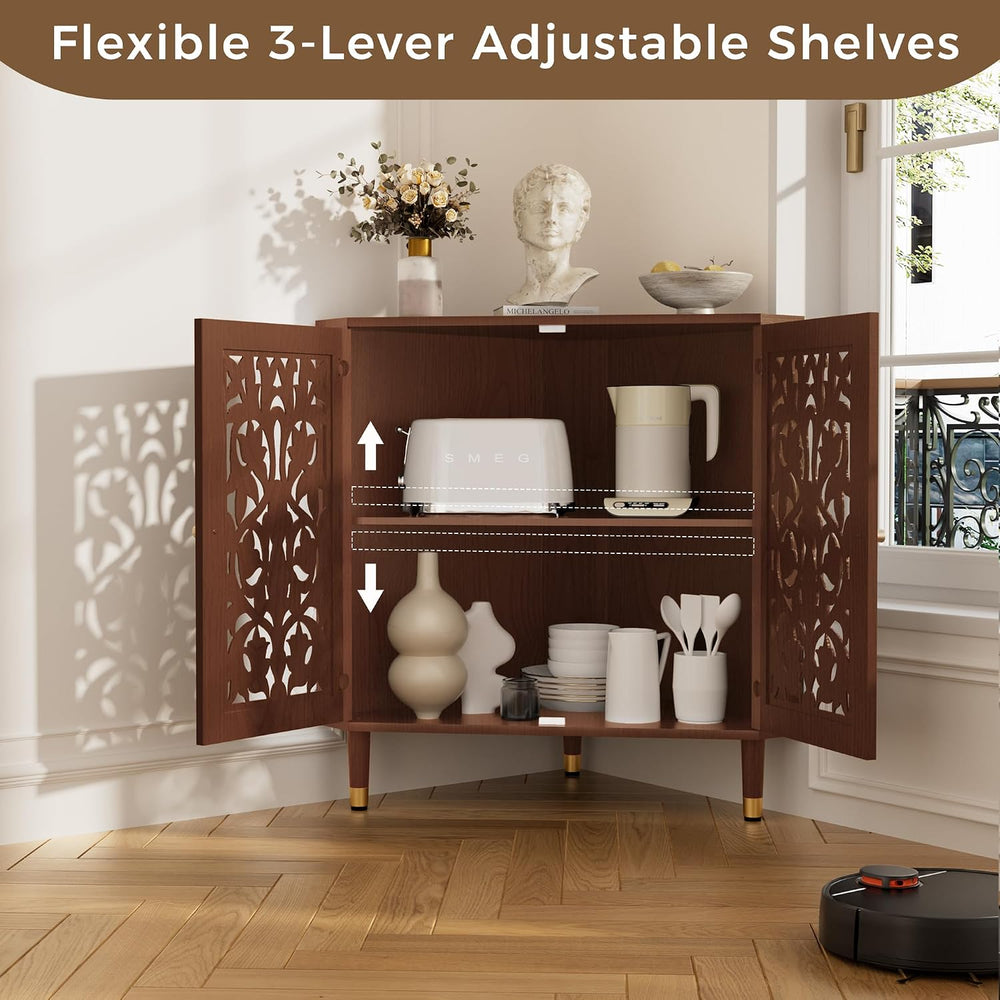 3More Retro Hollow Carved 2-Door Accent Corner Storage Cabinet, Brown