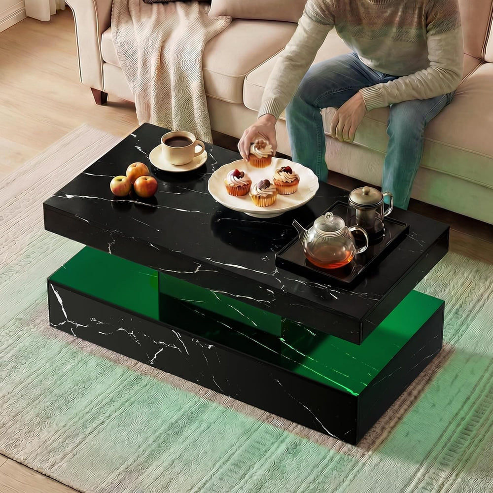 40" Modern Coffee Table with Storage Shelf, Faux Marble Fixed‑Top Center...