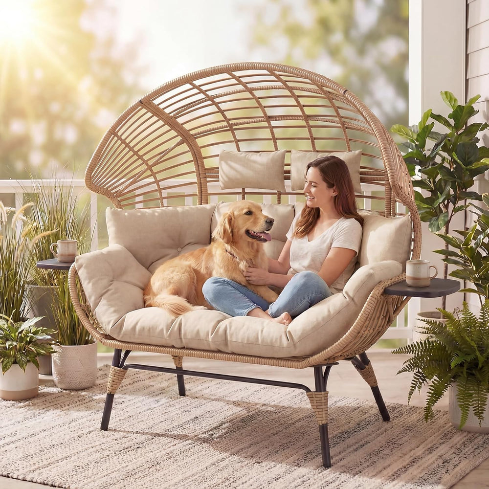 Double Wicker Egg Chair Outdoor Indoor - 2-Person Oversized Loveseat with 8&q...