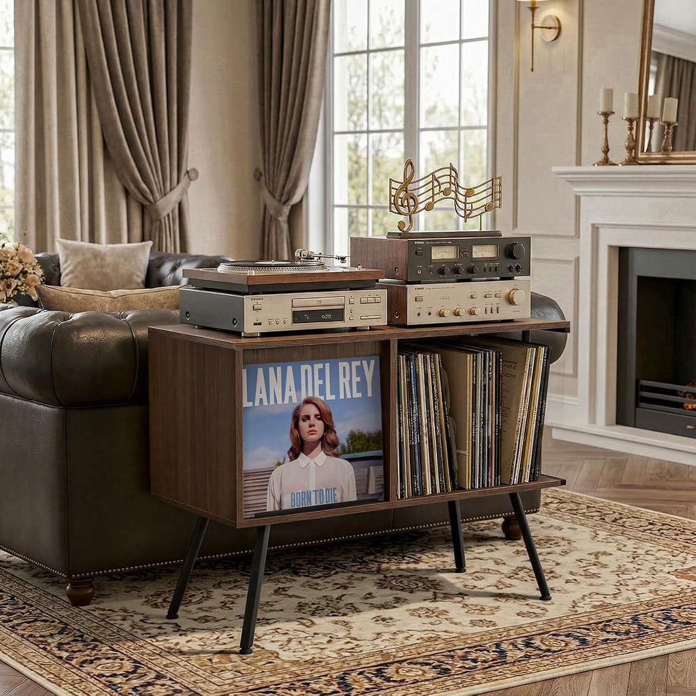 Faesun Record Player Stand with Flip-Down Record Shelf, Walnut | Vinyl Record...