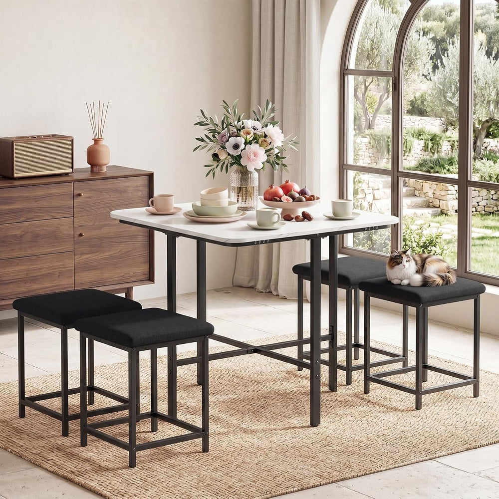 GIANTEX Dining Table Set for 4 with Upholstered Stools (White & Black) | ...