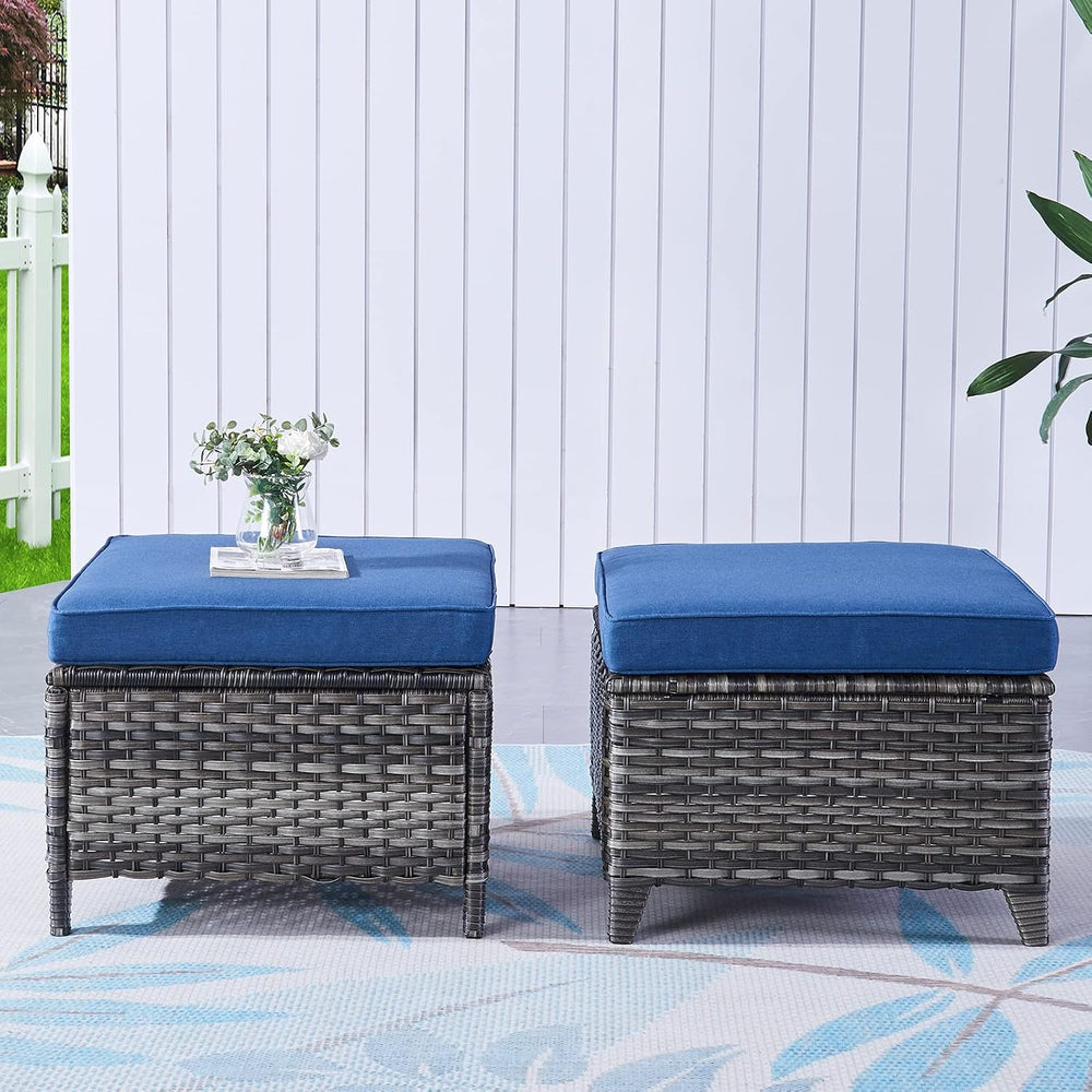 Outdoor Ottomans Patio Foot Rest - 2 Piece Wicker Rattan Ottoman Footrests Fo...