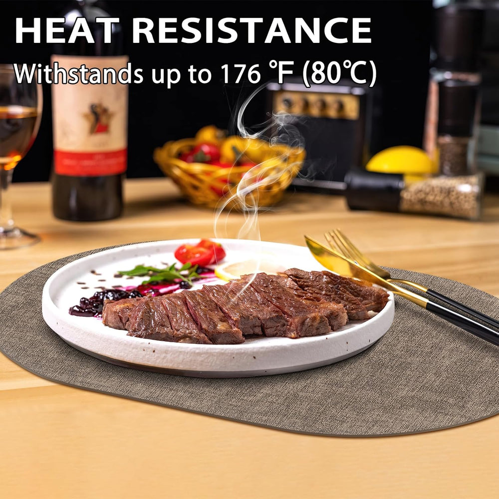 Faux Leather Oval Placemats Set of 6, Dark Brown