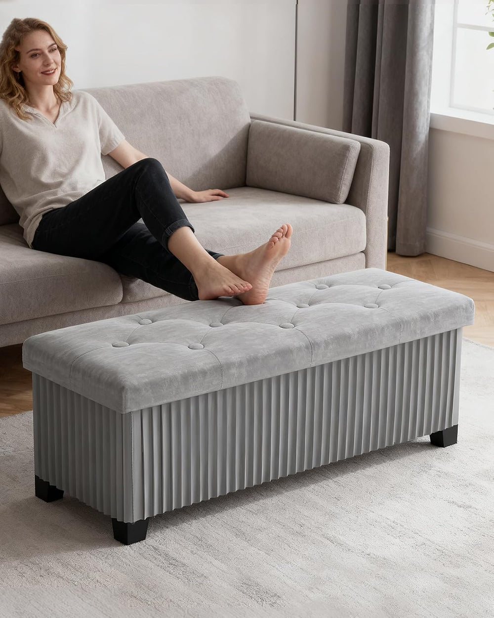 LITZFUR 43 Inches Storage Ottoman Bench, Velvet Foot Rest Stool, Grey | Foldi...