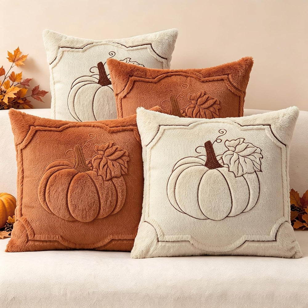 Fall Throw Pillow Covers 18x18 Set of 4 Beige & Orange Pumpkin Pillow Cover