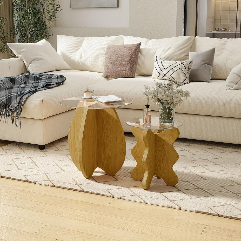Wave-Shaped Coffee & Side Table with MDF Frame & Clear Tempered Glass...