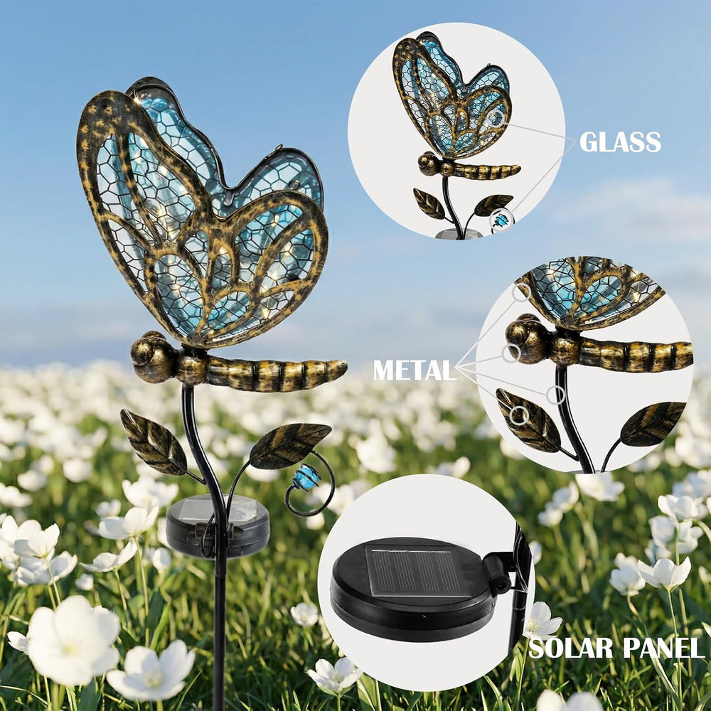 Solar Butterfly Garden Stake Light, Hand-Painted Blue Glass, 36in
