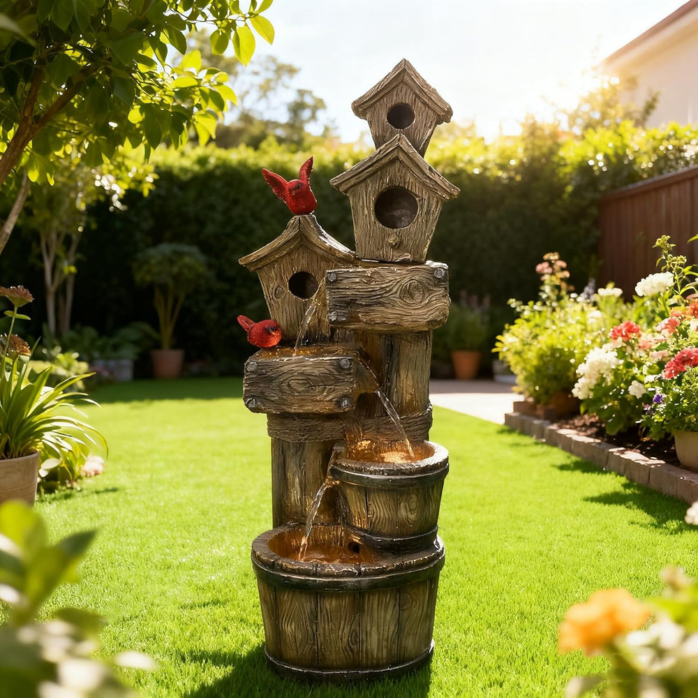 35" Tall Outdoor 4-Tier Birdhouse Floor Standing Water Fountain