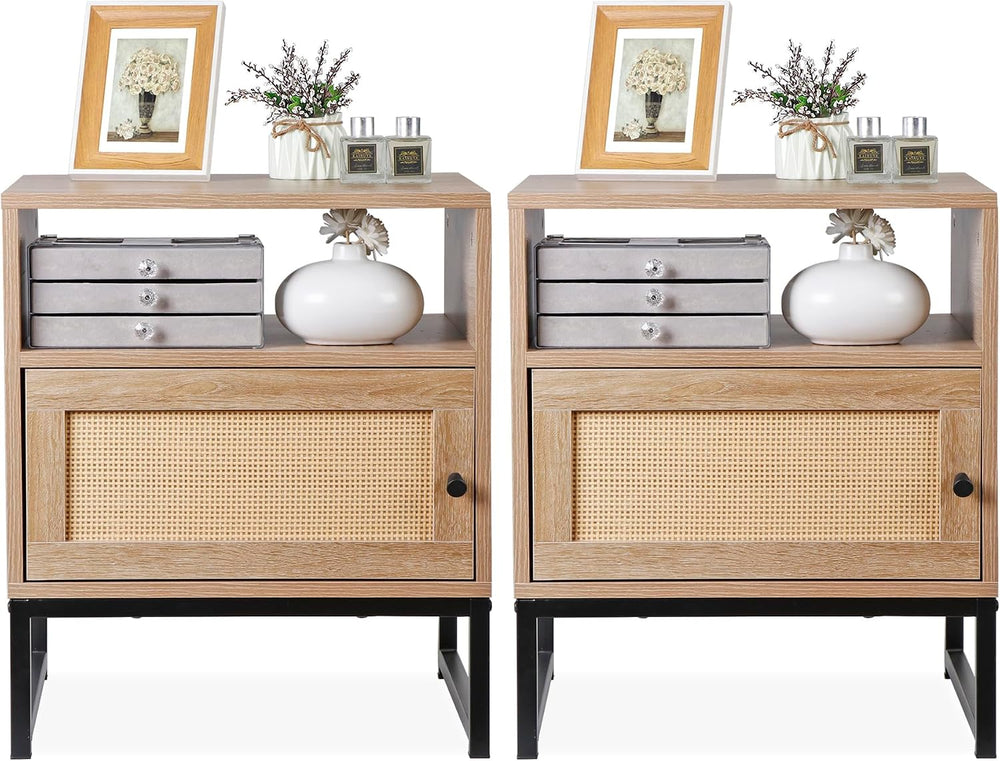 Nightstands End Table, PE Rattan Decor Drawer Opening Shelf, Set of 2 Bed Sid...