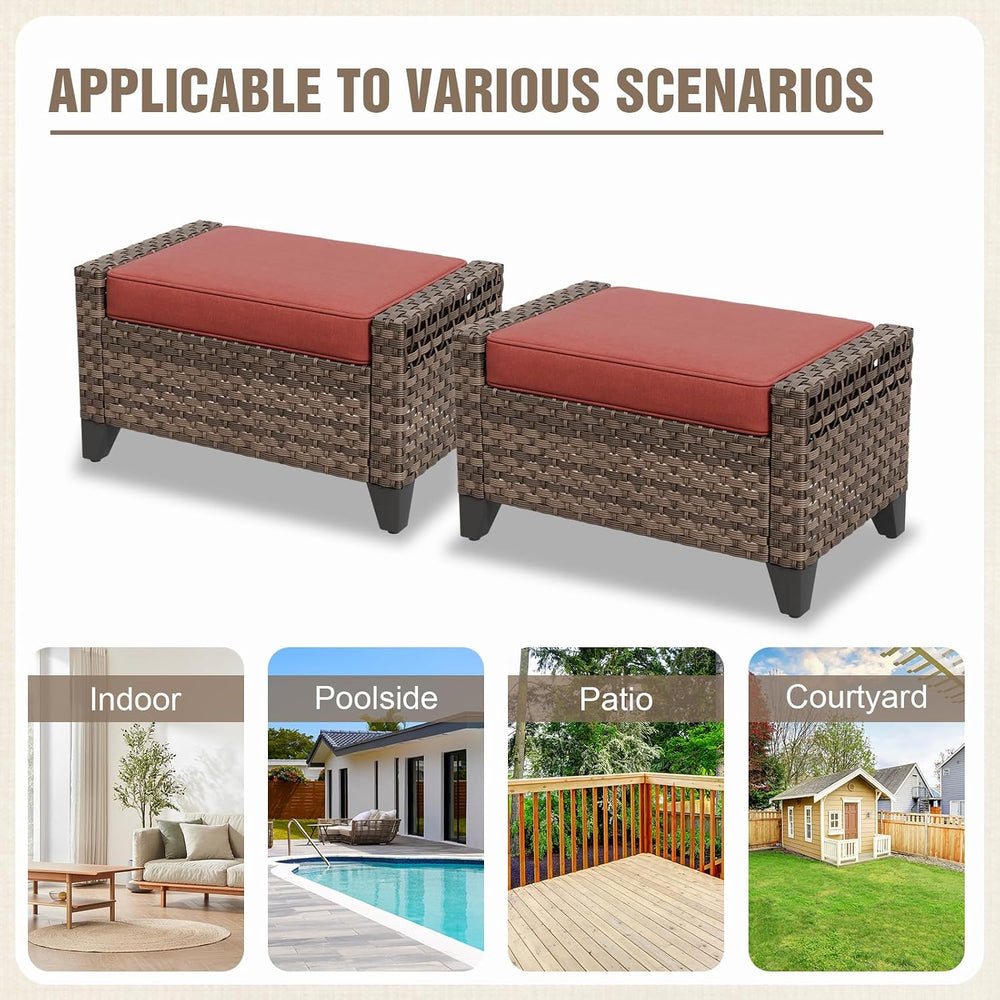 2 Pieces Modern Outdoor Wicker Patio Footstools, Multipurpose PE Rattan Ottom...