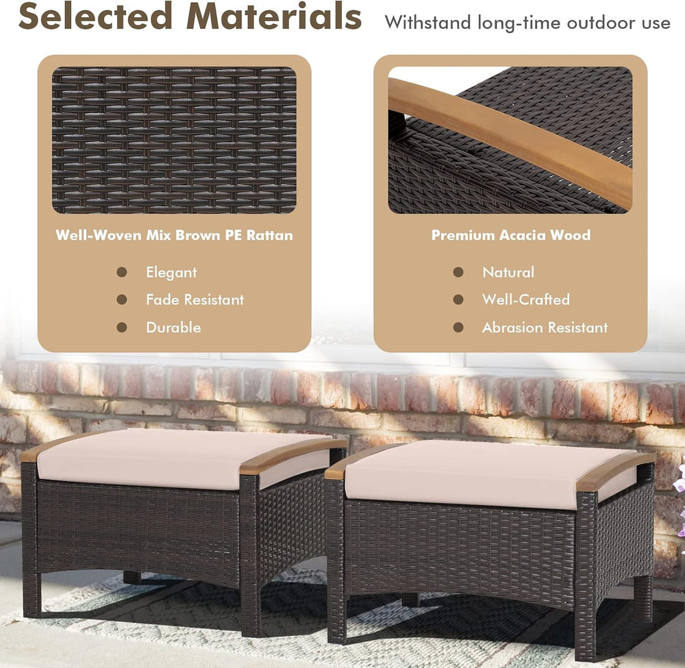 Tangkula 2 Piece Patio Rattan Ottomans, Outdoor Wicker Footstool w/Acacia Woo...