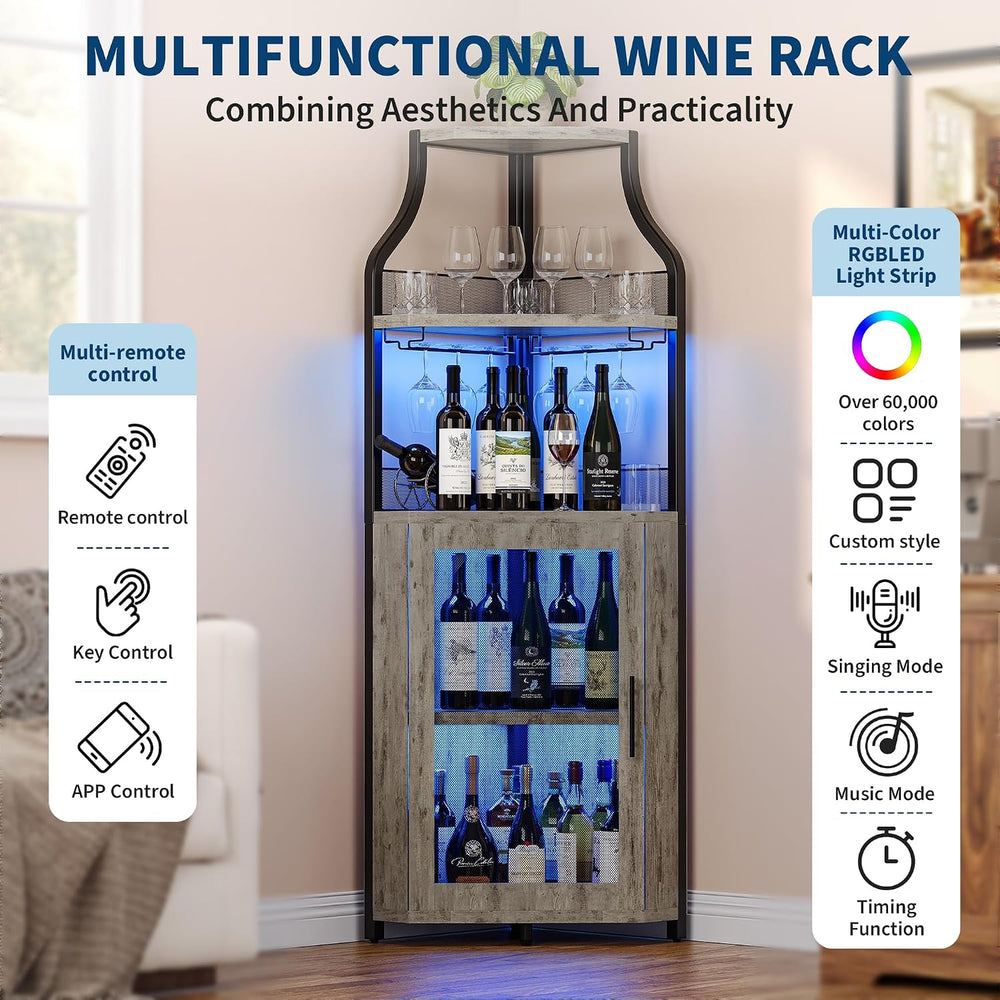 GarveeHome 5-Tiers Bar Cabinet, Corner Wine Cabinet with LED Lights