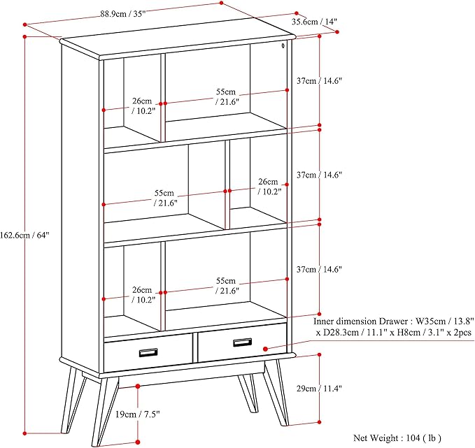 SIMPLIHOME Draper 35 inch Mid-Century Modern 6 Cubbie Bookcase with Drawer (S...