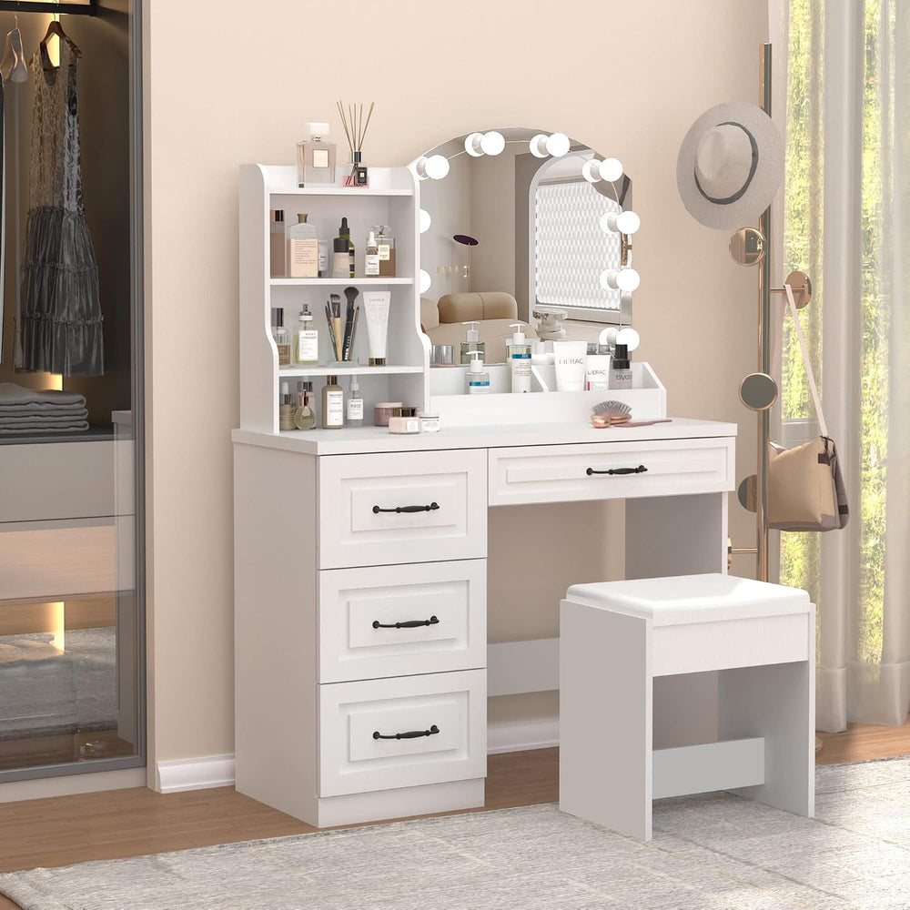 Vabches Vanity Desk with Mirror and Lights,Makeup Vanity Set for Bedroom | Wh...