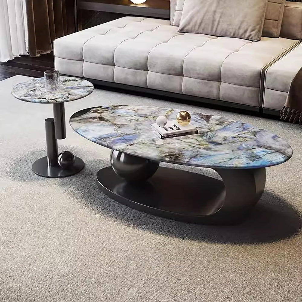Modern Coffee Table Set of 2 - Stylish Black & Gold Oval Nesting Tables f...