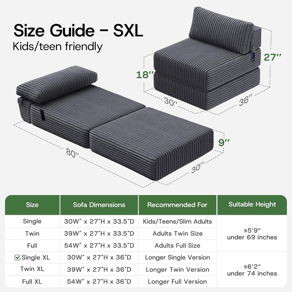 Folding Sofa Bed Convertible 4 in 1 Sleeper Chair Gray Single XL