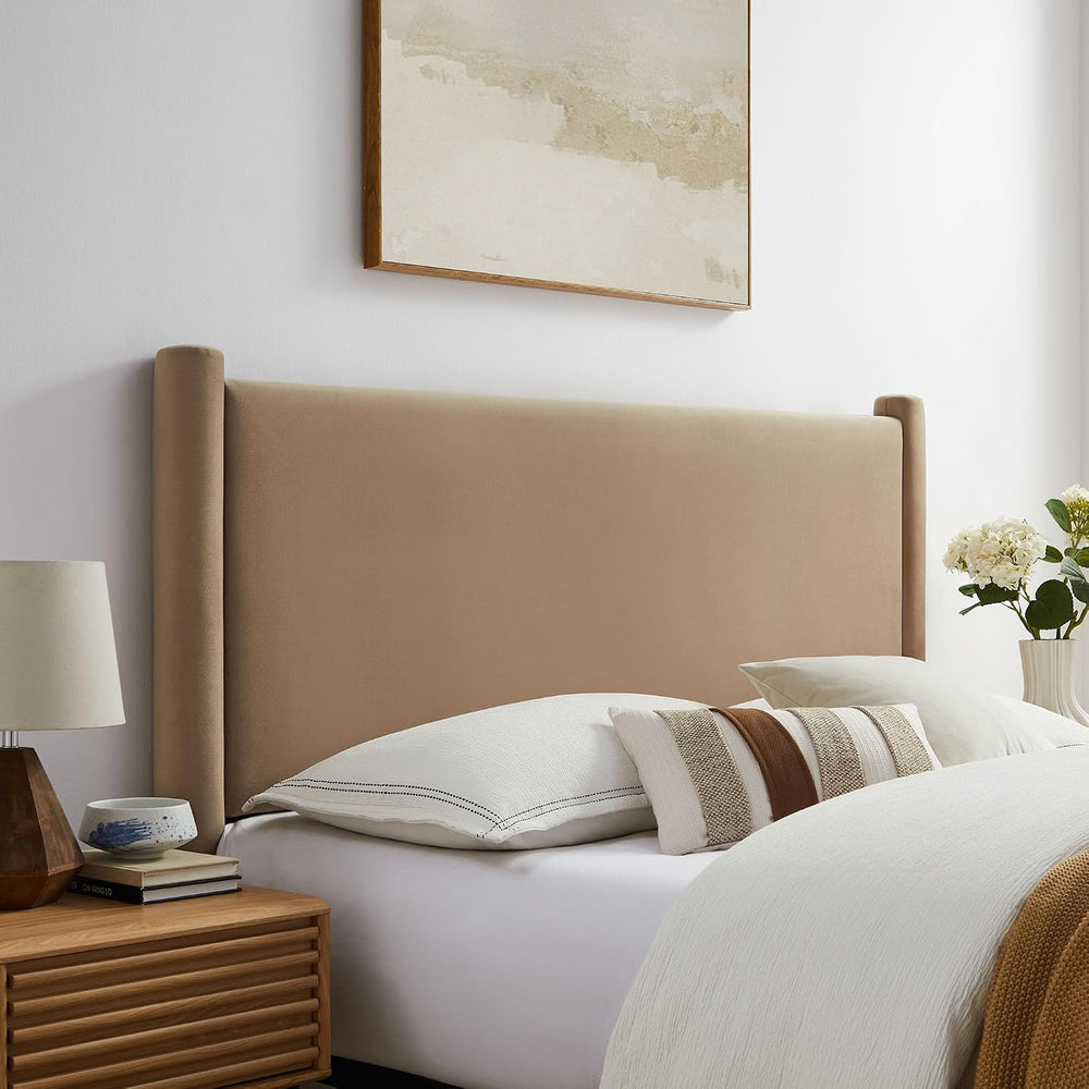 Modway Rael Queen Upholstered Headboard with Pillars in Taupe – Velvet Headbo...