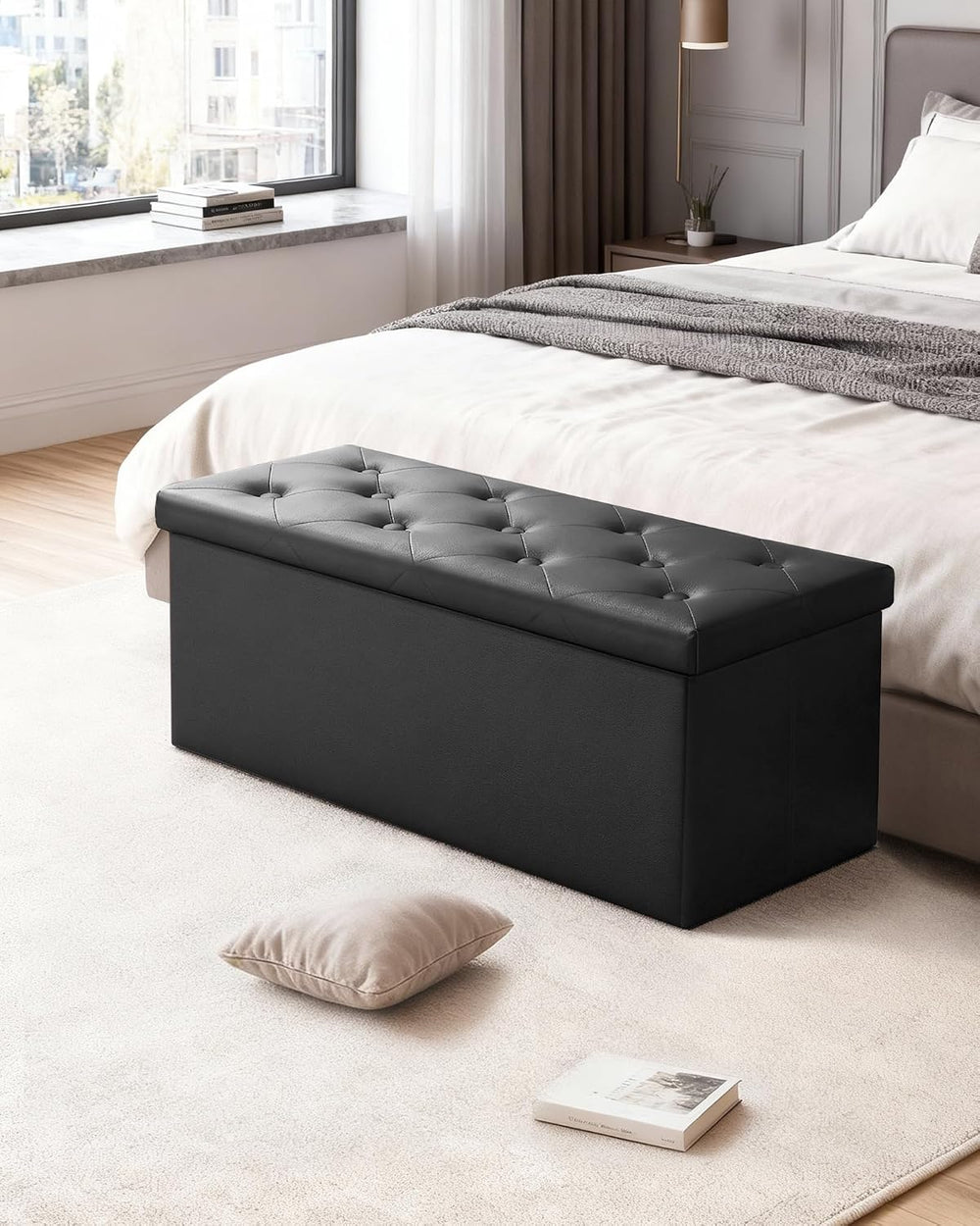 GLAXYFUR 43" Storage Ottoman Bench, Folding Ottoman with 2 Dividers, Bla...