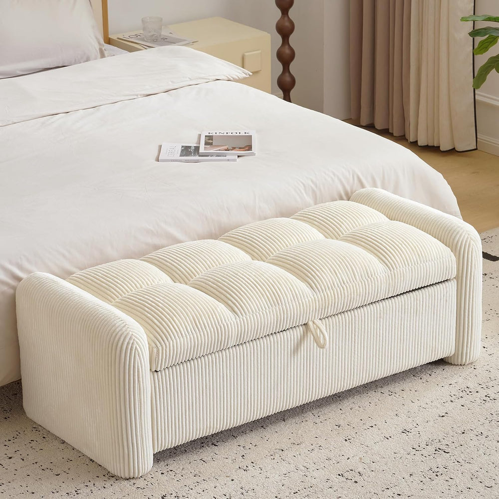Oversized Corduroy Ottoman Bench with Storage, Upholstered End of Bed Bench f...
