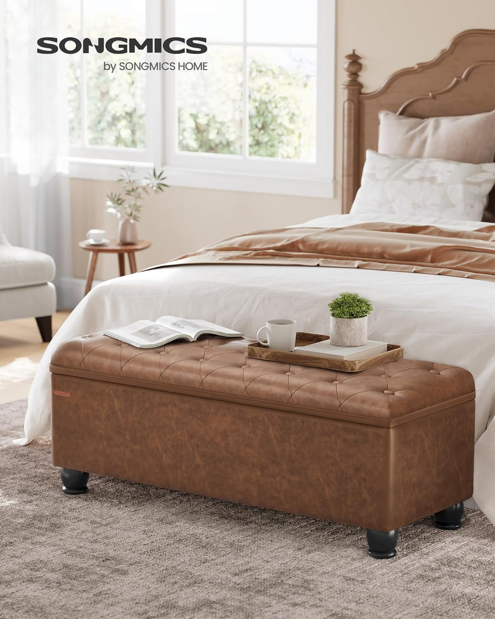 SONGMICS Storage Ottoman, 46.5 Inches Long Bed End Stool, Solid Wood Legs | B...