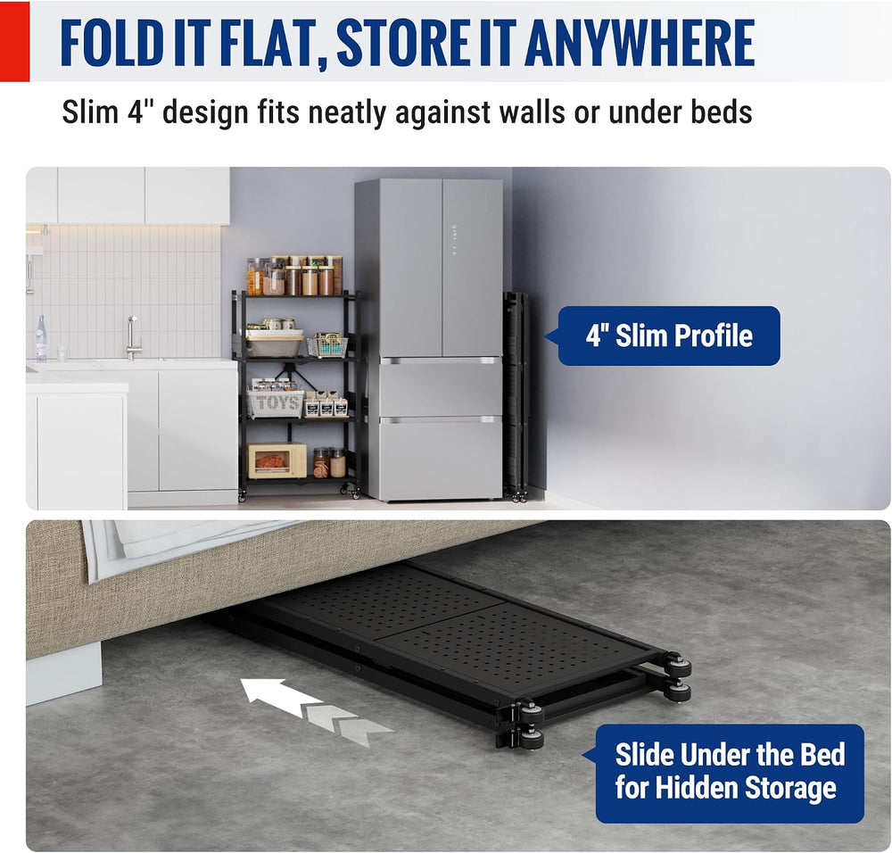 WORKPRO 4-Tier Folding Shelf, No-Assembly Metal Storage Rack with Wheels, 600...