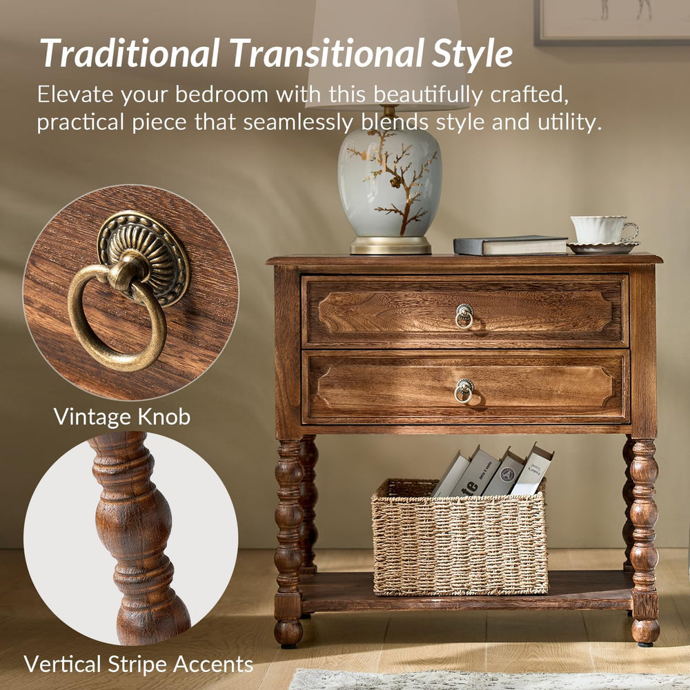 Solid Wood Spindle End Table with Charging Station, Traditional Farmhouse Sid...