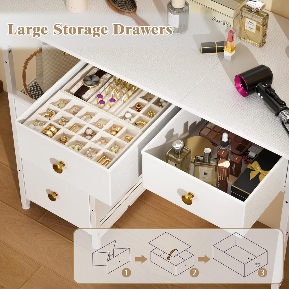 3IngSeagulls White Vanity Desk Without Mirror, Small Makeup Desk with 4 Fabri...