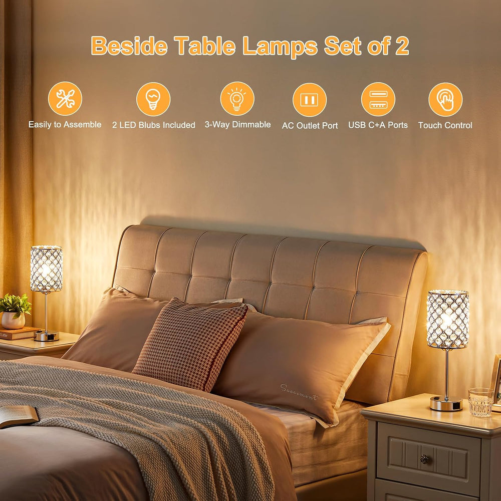 Sliver Crystal Table Lamps for Bedroom Set of 2, Nightstand Touch Lamp