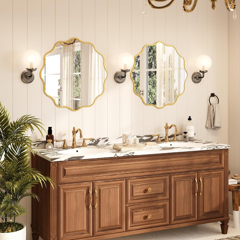 Kelly Miller 28" Gold Round Scalloped Mirror, Wavy Edge Decorative Mirror