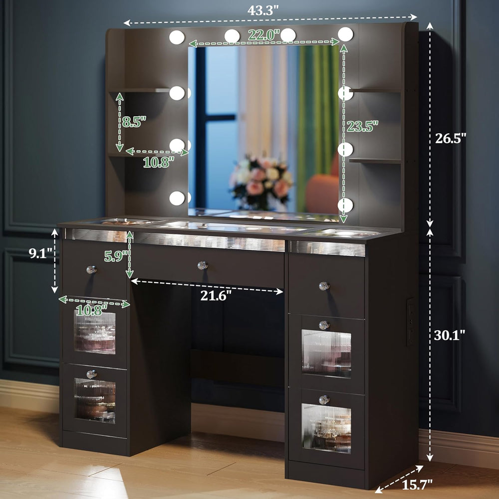 Glass Top Vanity Desk, Makeup Vanity Desk Black Dressing Table 23.5" Mir...