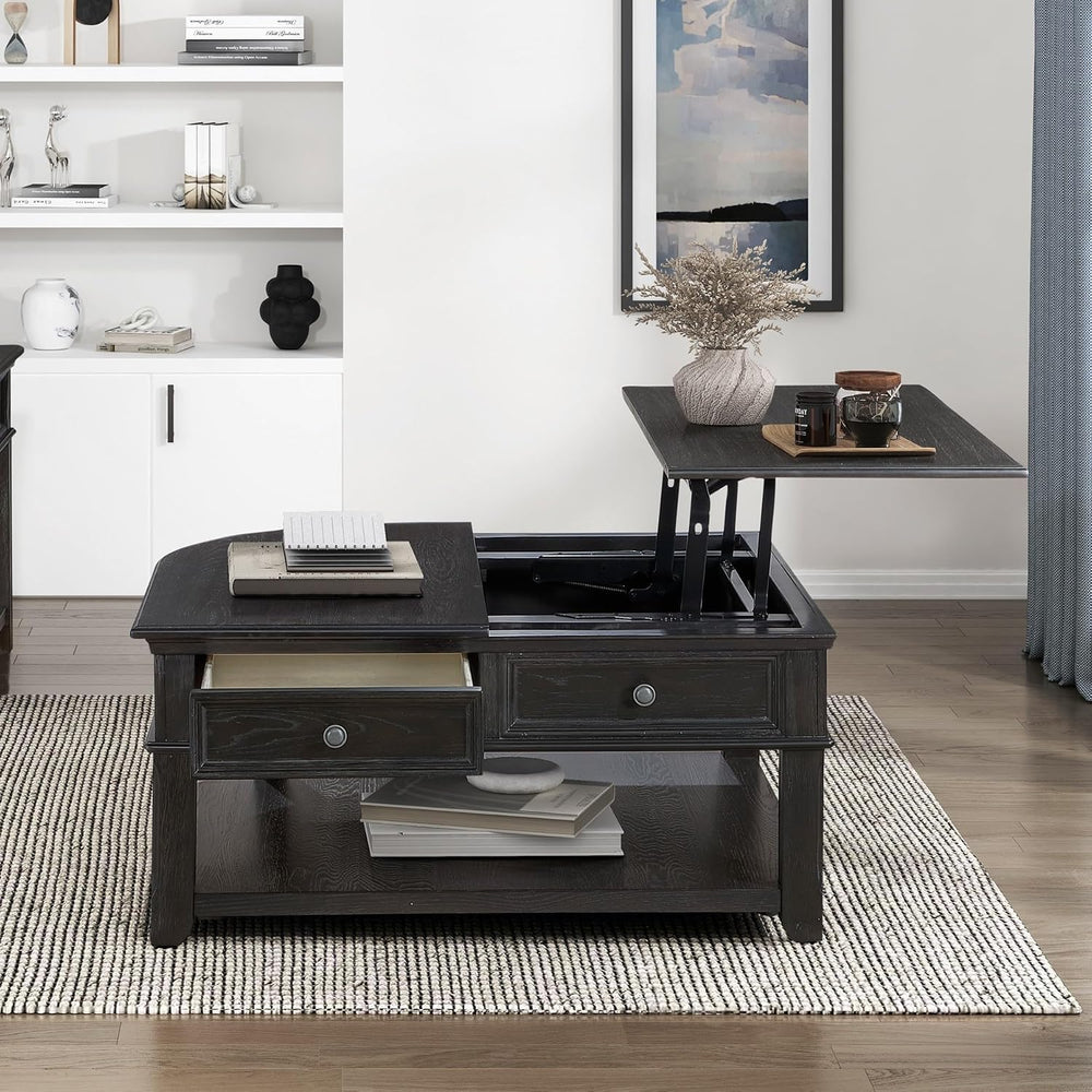 Living Room Coffee Table Storage Drawer Lift Top Open Shelves Charcoal Wooden