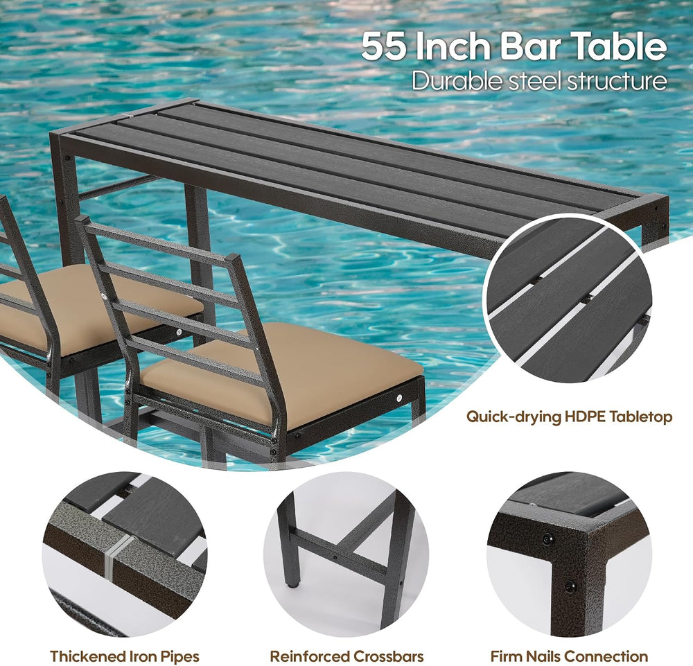 3Pcs Outdoor Patio Bar Set with Cover, 55" Rectangular Pub Height High T...
