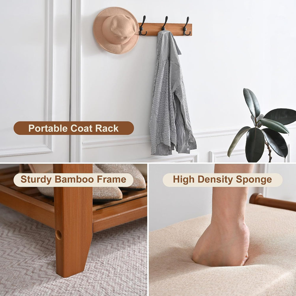 27.6in Shoe Rack with Storage Bamboo Entryway Bench with Drawer & Hooks