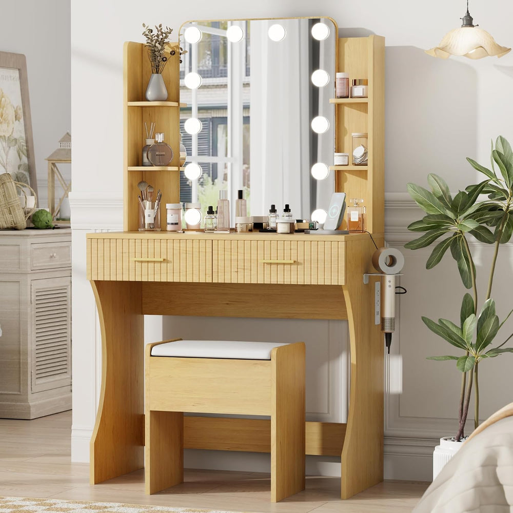 Otterease 31" Makeup Vanity Desk with LED Mirror and Storage Stool, Natu...