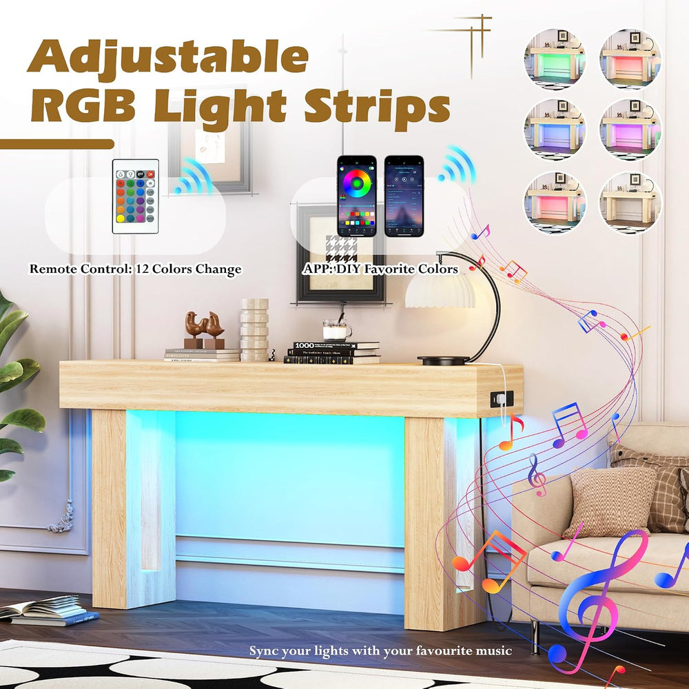 Depeht 63" Long Console Table with Power Outlet, LED Lights and Storage ...